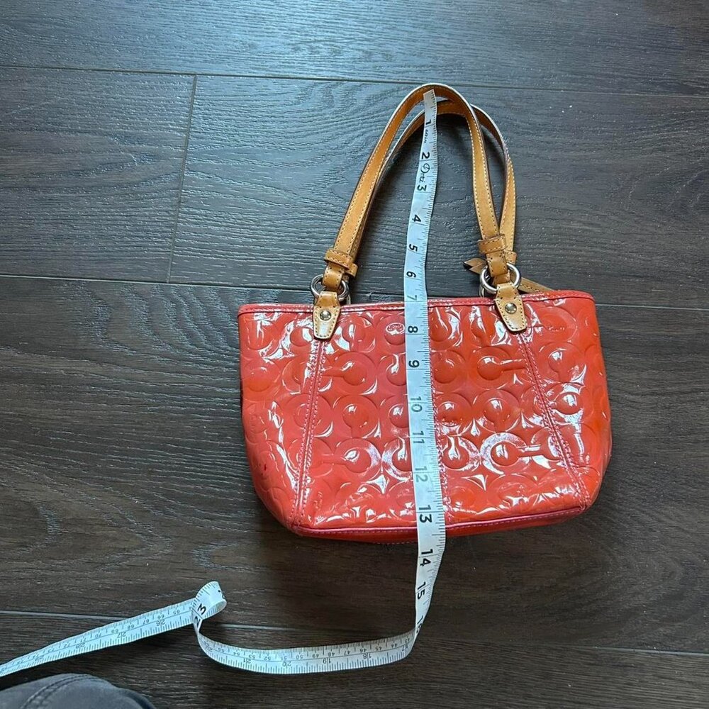 Coach Peyton Signature Embossed Patent Leather mini Tote. vibrant coral glossy - Picture 6 of 8